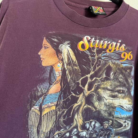 Vintage 1996 90s Sturgis Biker 3D Emblem Black Hills Rally Wolf L T-Shirt Crop - Picture 7 of 10